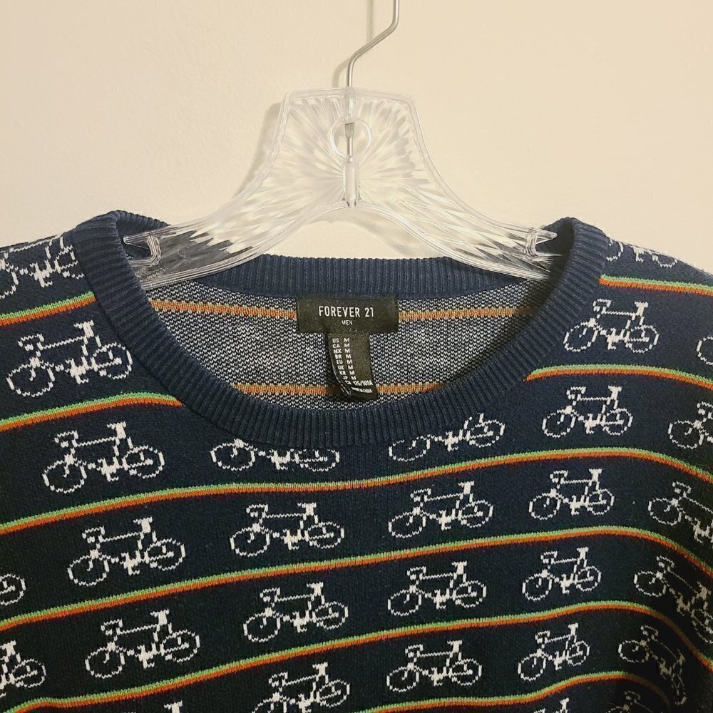 Forever 21 Men | Navy Bicycle Print & Striped Crewneck Sweater (Size Medium) - Picture 4 of 12